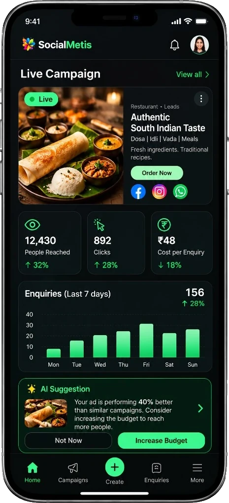 The SocialMetis home screen, with one ad live